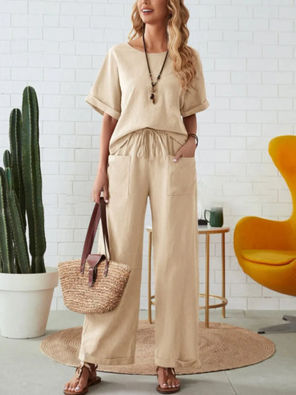 Round neck sleeveless comfortable casual top paired with pants two-piece set