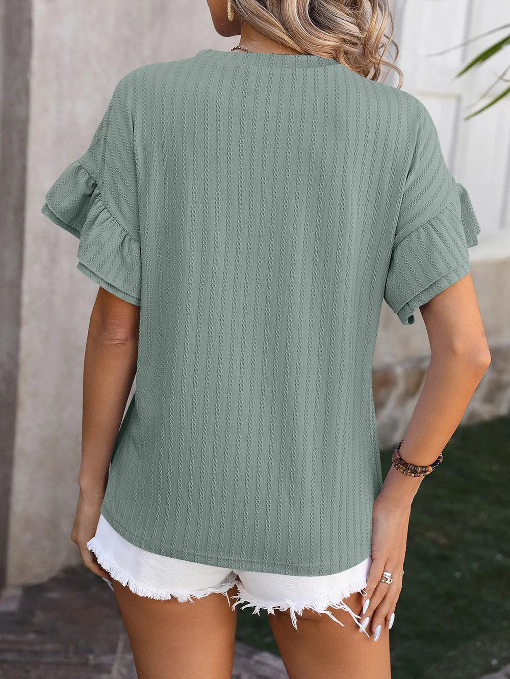 Spring and summer new solid color round neck lotus leaf sleeve short sleeved T-shirt top