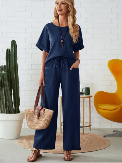 Round neck sleeveless comfortable casual top paired with pants two-piece set