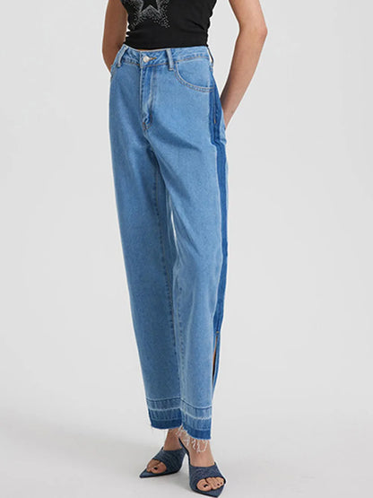 Retro casual high waisted leg slit straight leg denim pants