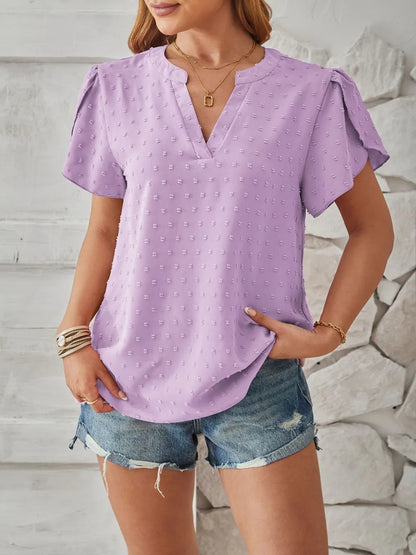 Spring and summer new V-neck chiffon ball top with petal sleeves commuting shirt