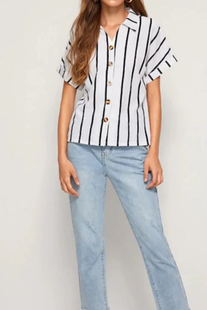Casual striped breasted collared loose short sleeved shirt for women